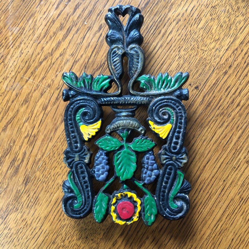 Cast Iron Square Trivet Wall hanging sunflower grapes flowers folk art floral